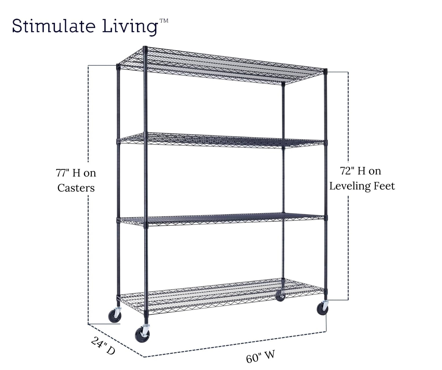 60"x24"x72" PRIME HEAVY DUTY Black 4-Tier Wire Shelving NSF 2400 LBS MAX Capacity Storage Rack for Commercial, School, Home, Garage, Warehouse, Industrial, and Hospital Uses (with Wheels)