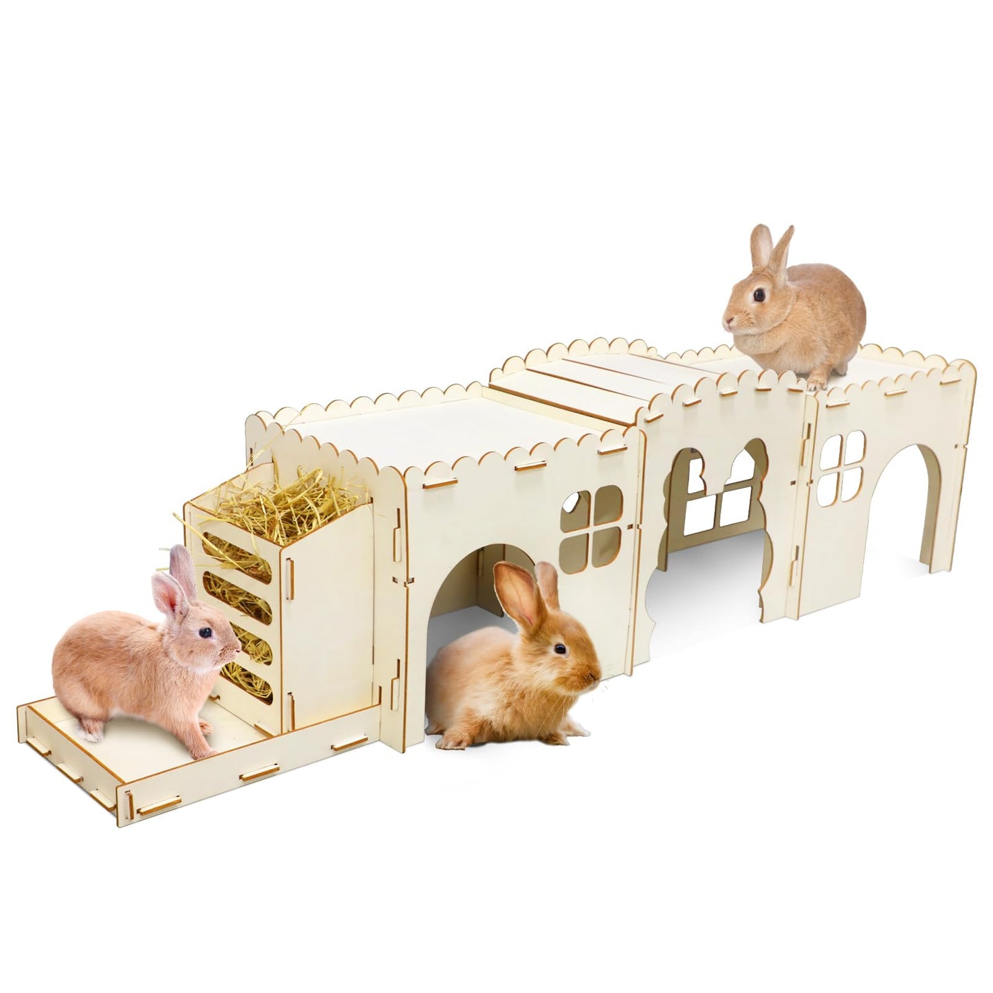 Midollarle Extra Large Wooden Rabbit Castle with 3 Houses, Wood Bunny House and Hideout with Grass Feeder,Indoor Rabbit Hideaway Hutch for Hamster Guinea Pig Chinchilla Ferret Small Animal Hut to Hide