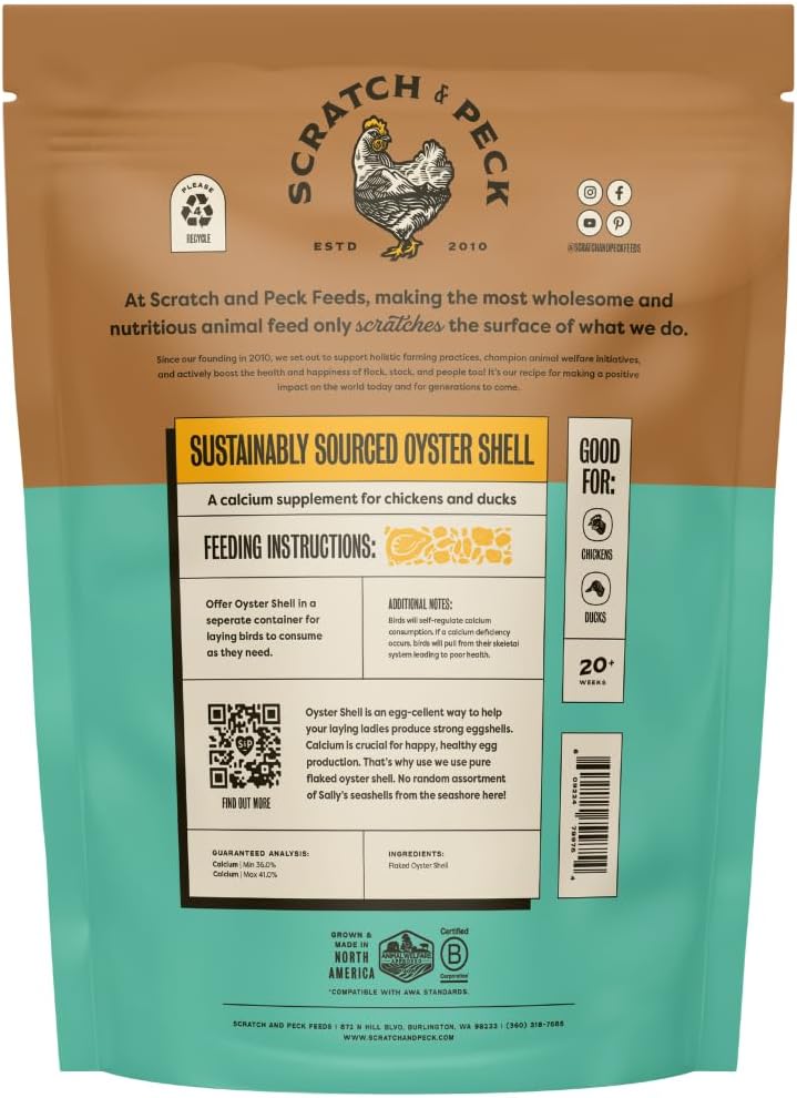 Scratch and Peck Oyster Shell Supplement - 4 lb Bag - Natural Calcium Boost for Healthy Eggshells in Chickens and Ducks, Sustainably Sourced Pure Flaked Oyster Shell
