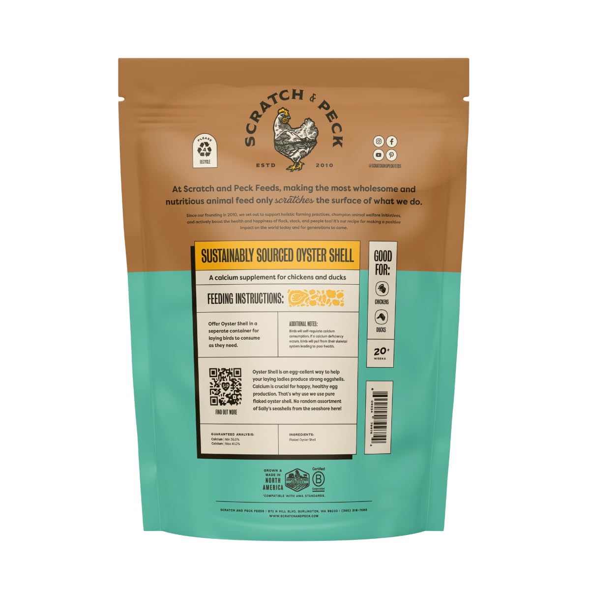 Scratch and Peck Oyster Shell Supplement - 4 lb Bag - Natural Calcium Boost for Healthy Eggshells in Chickens and Ducks, Sustainably Sourced Pure Flaked Oyster Shell
