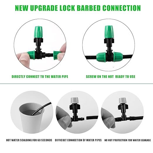 Misting Cooling System Greenhouse Misting System Automatic Garden Watering System Lock Barbed Drip Irrigation System with 1/4 inch Irrigation Tubing Mister for Patio Greenhouse Garden,Lawn.
