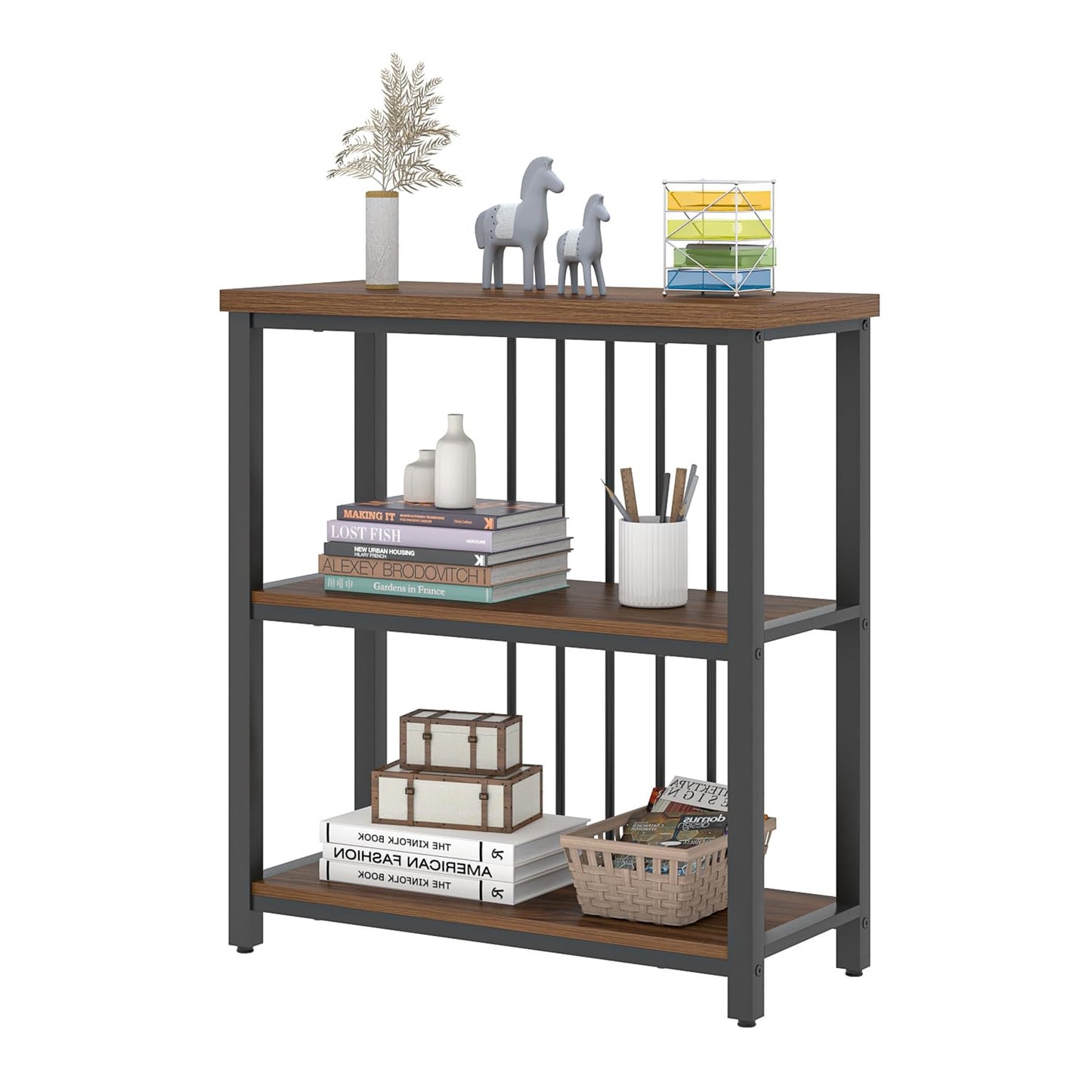 FOLUBAN Bookshelf, Small Modern 3 Tier Bookcase, Wood and Metal Standing Storage Book Shelves for Living Room, Office, Bedroom (Rustic Walnut)
