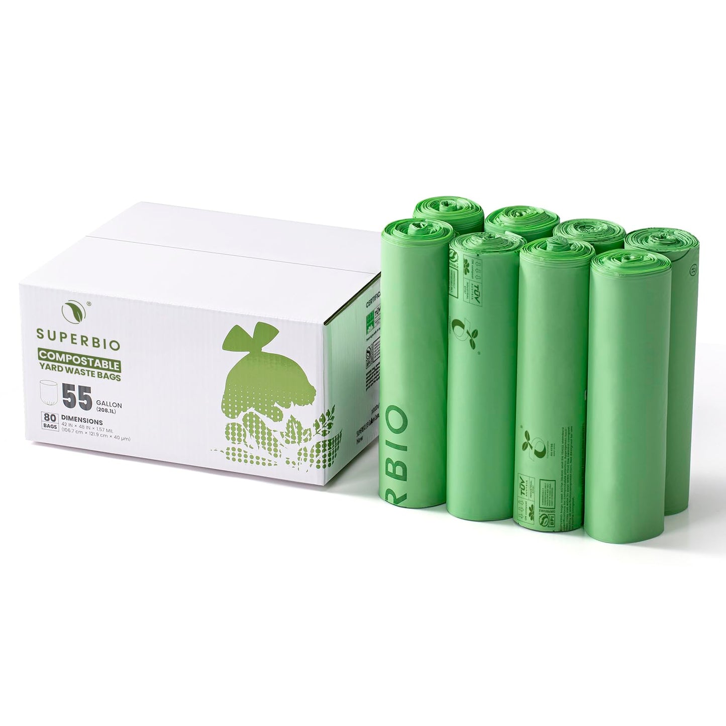 SUPERBIO 55 Gallon Compostable Yard Waste Bags, Lawn & Leaf Bags, Heavy Duty Extra Thick 1.57 Mil, (80 Count Bulk), 208.1 Liter, BPI and OK compost INDUSTRIAL