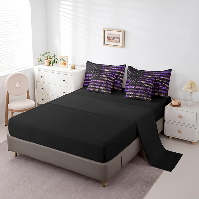 Feelyou American Flag 7 Pieces Bedding Set, King Size Purple Camouflage All Season,Bed in a Bag with Comforter, Sheets, Pillowcases Branch Hunting Bed Set Breathable Camouflage Hunter Room Decor