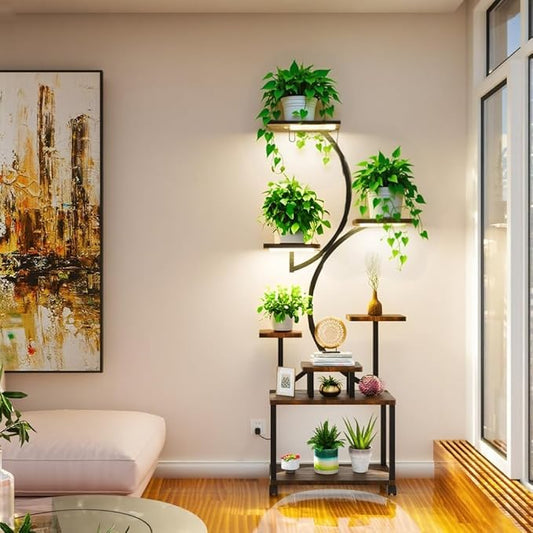 Plant Stand with Grow Light, 61" Grow Light Plant Stand Indoor, 8 Tiered Large Plant Light Stand, Plant Shelf with 4 Wheels, Lighted Decorative S-Shaped Flower Multiple Display Shelves for Home Office