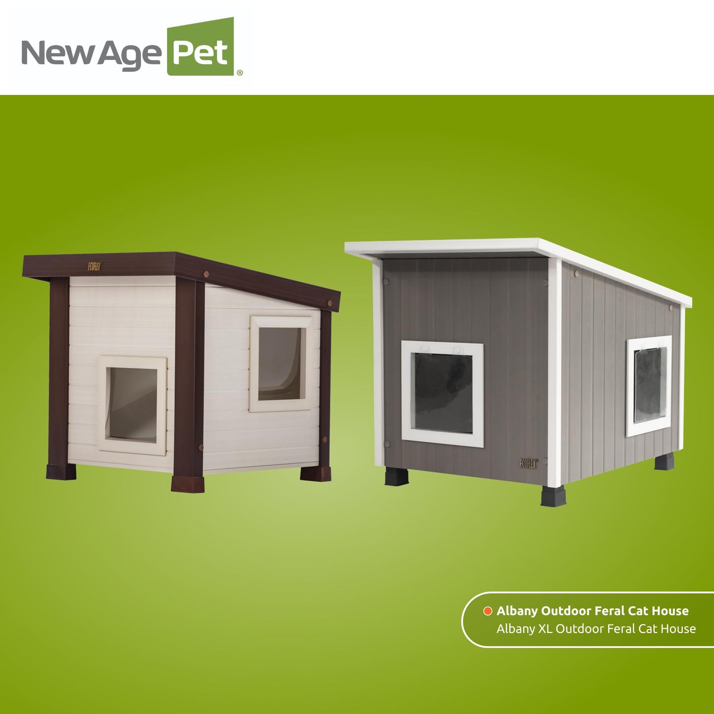 New Age Pet ECOFLEX Outdoor Cat House - Durable, Ventilated, Dual Entry, Easy Assembly, Elevated Floor, Heated Pad Compatible, 10-Year Warranty, for Multiple Cats, Maple/Brown