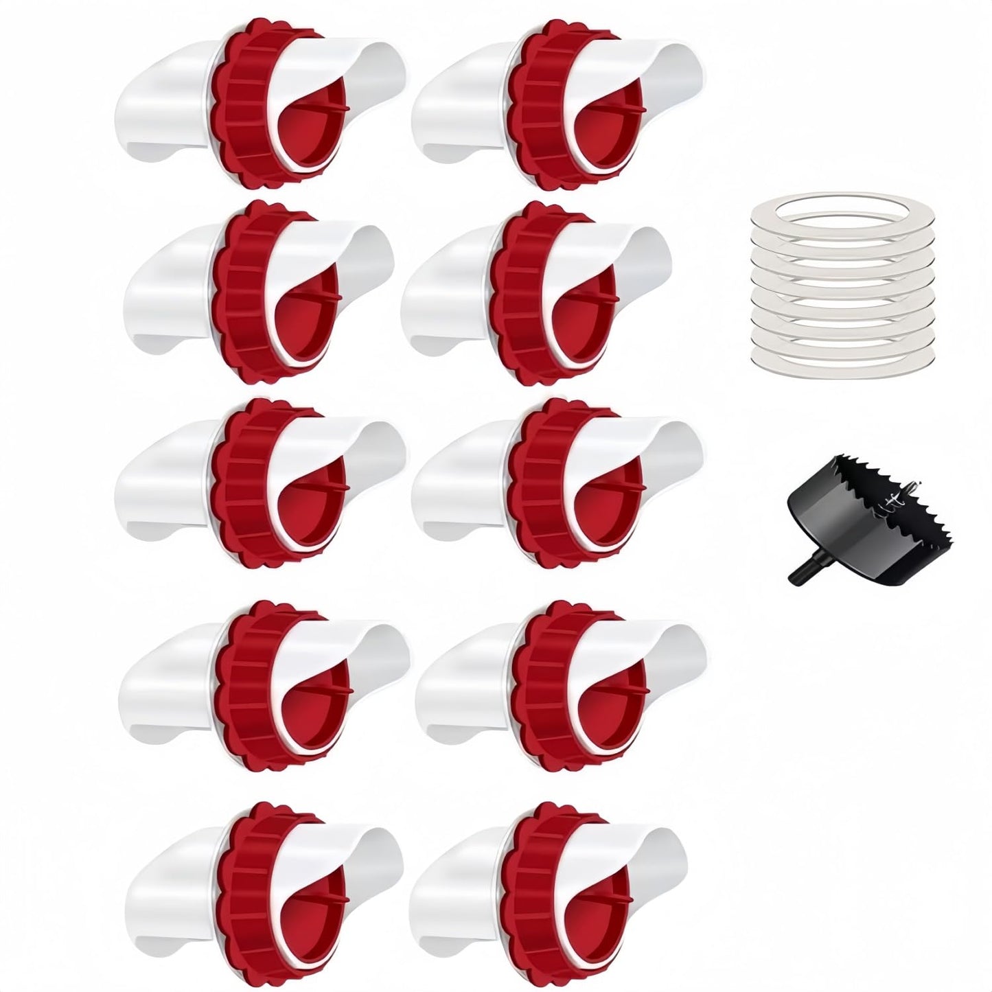 DIY No Waste Automatic Poultry Chicken Feeder Port 10 Ports 1 Hole Saw with Covers Feed Kit,Rain Proof Chicken/Plastic Poultry Feeder Kit for Buckets Barrels Bins Troughs