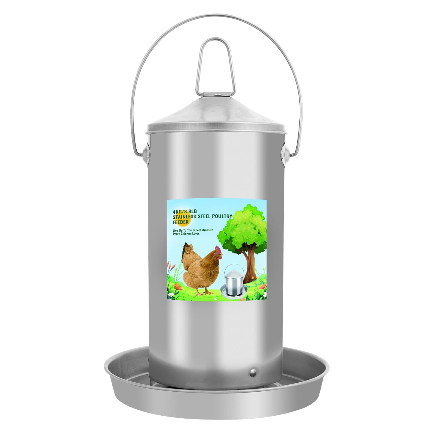 Automatic Chicken Feeder 4KG/8.8lbs, Heavy Duty Stainless Steel Reliable Long-Lasting Poultry Feeder with Handle, High Strength Structure 0.035 Inch/0.9mm Metal Thickness