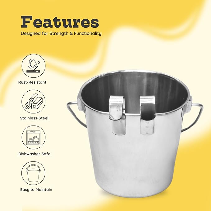 1 Quart Stainless Steel Flat Sided Pail with Dual Hooks | Hanging Bucket for Dog, Cat, Birds & Small Animals | Food & Water Bowl Fits Kennels, Crates & Cages | Multipurpose Use, Pack of 2