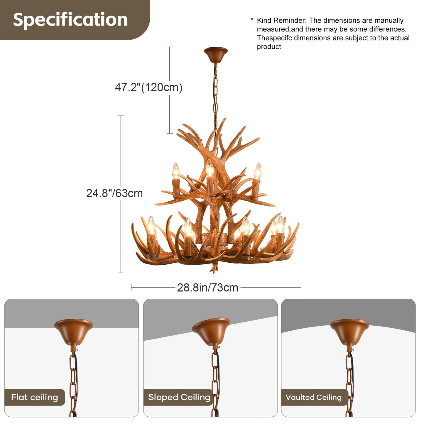 Deer Antler Chandelier 12 Light, 2-Tier Large Resin Rustic Farmhouse Deer Antler Ceiling Light Fixtures, Low/High Ceiling Hanging Antlers Chandelier Lighting for Bedroom Stairway Foyer Porch Kitchen