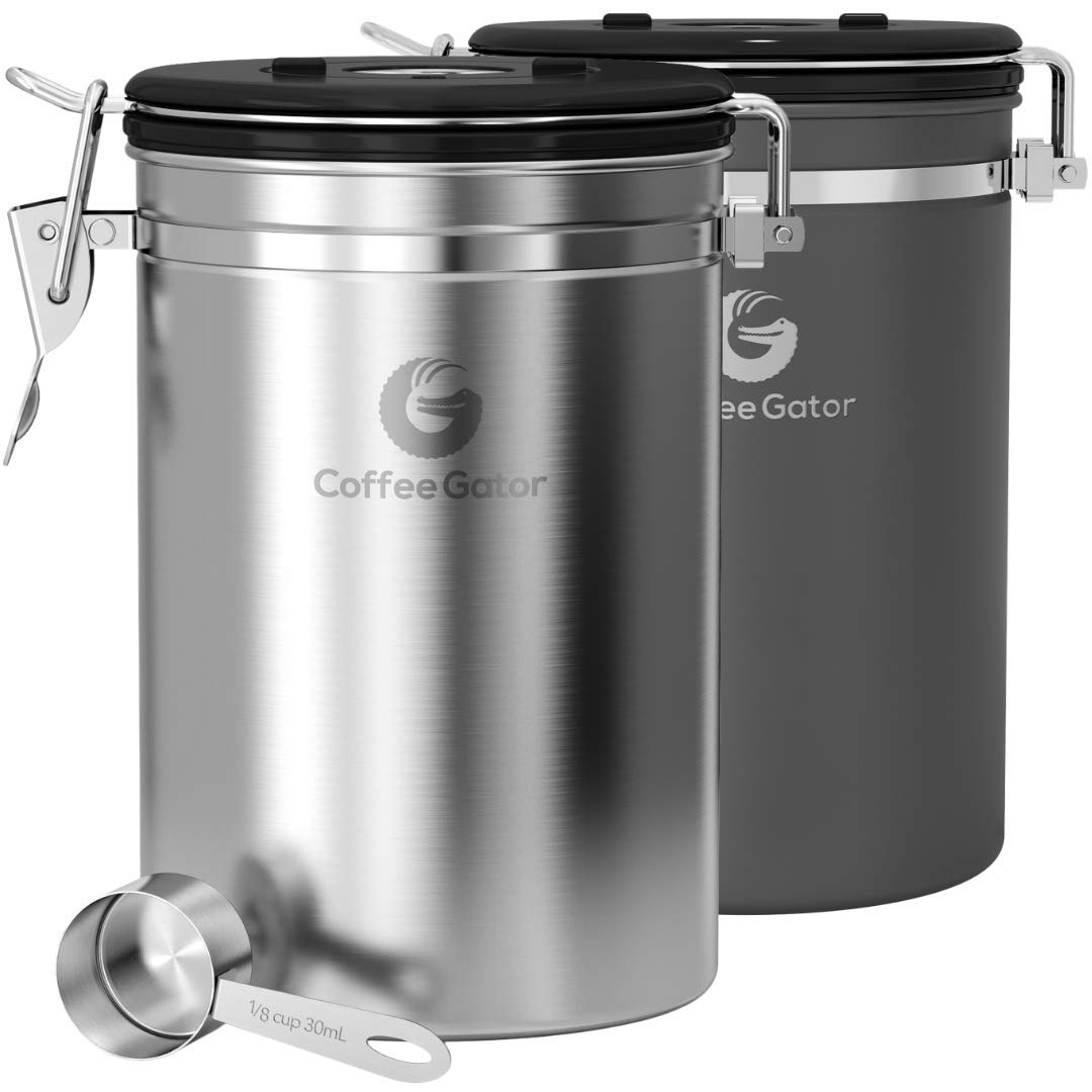 Coffee Gator Coffee Canister, 2pack 16oz Airtight Stainless Steel Kitchen Food Storage Container with Date Tracker, Scoop for Grounds Coffee Bar Accessories, Beans, Tea, Sugar, Flour - Gray&Silver