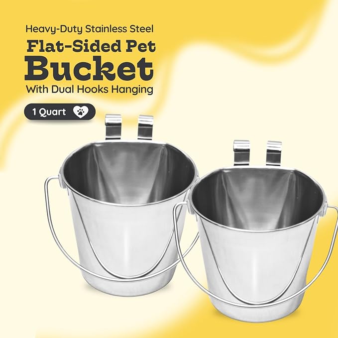 1 Quart Stainless Steel Flat Sided Pail with Dual Hooks | Hanging Bucket for Dog, Cat, Birds & Small Animals | Food & Water Bowl Fits Kennels, Crates & Cages | Multipurpose Use, Pack of 2