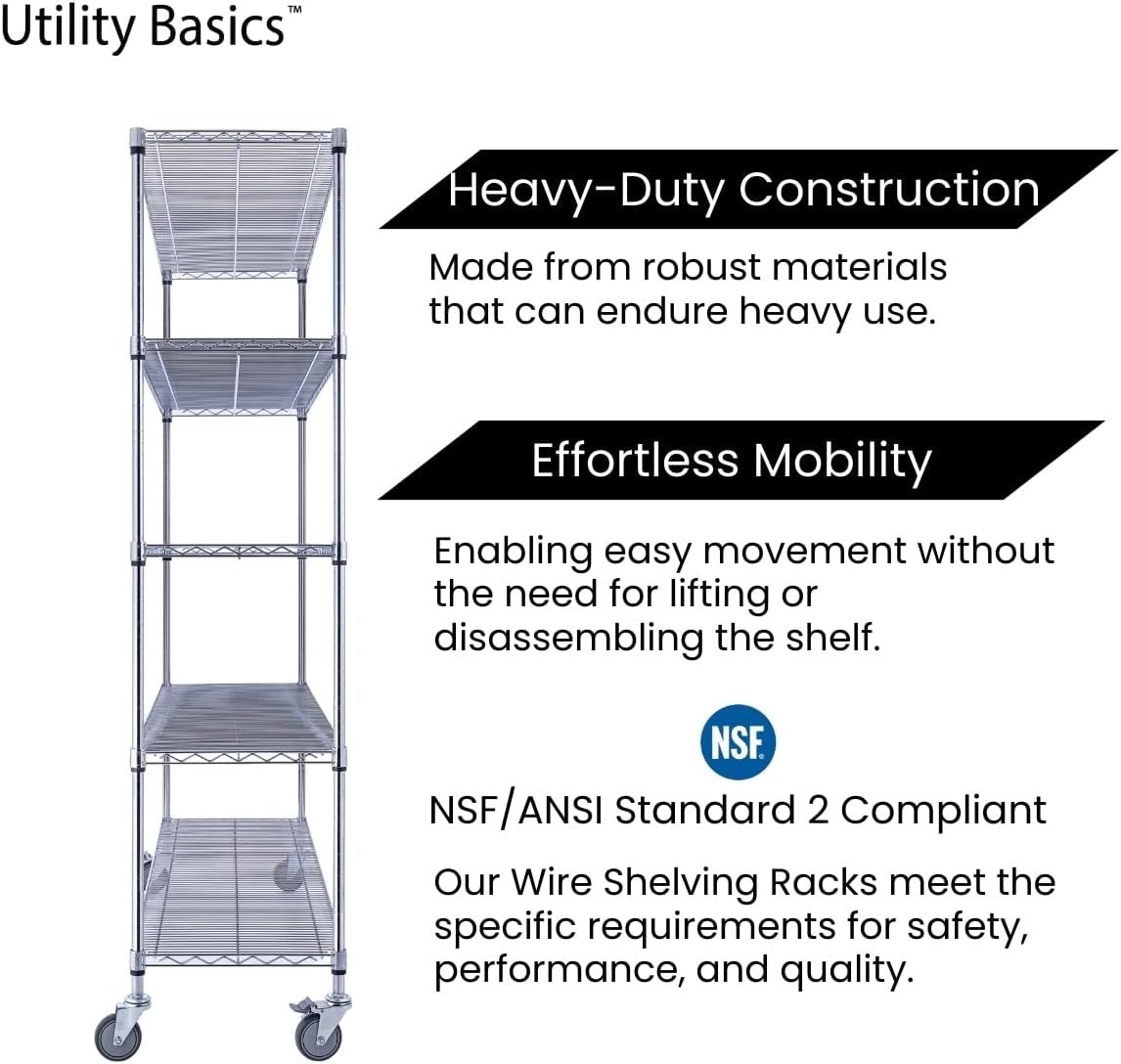 Utility Basics 60"x18"x72" Chrome 5-Tier PREMIUM Wire Shelving NSF 4000 LBS MAX CAPACITY Heavy Duty Steel Storage Rack for Warehouses, Garages, Hospitals, Commercial Spaces, & Schools w/PREMIUM WHEELS
