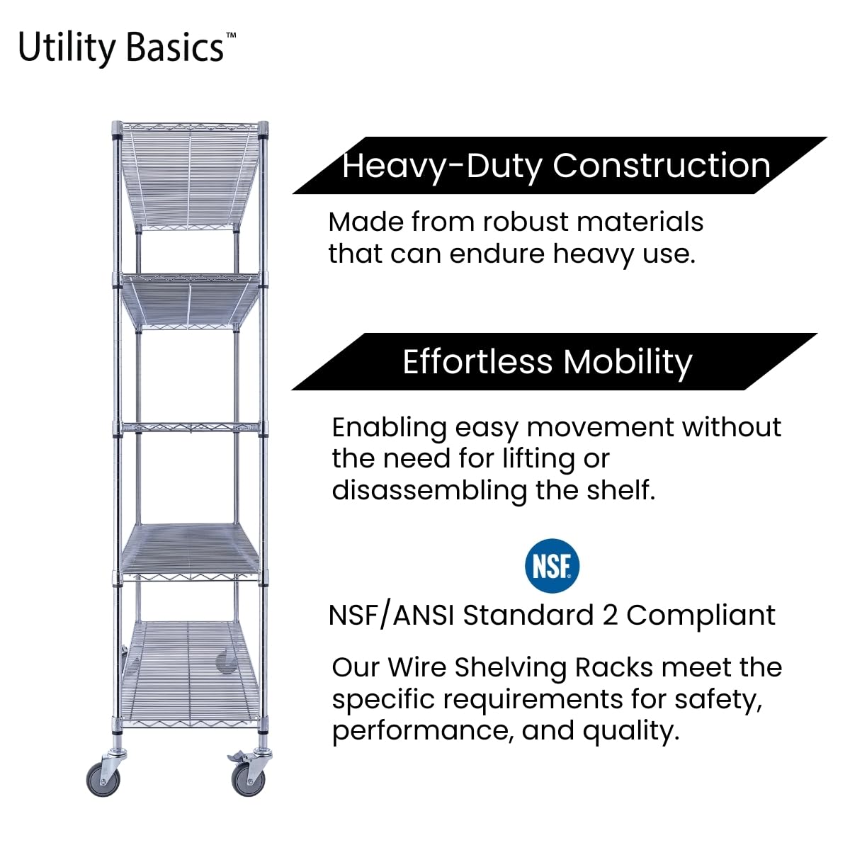 Utility Basics 60"x18"x72" Chrome 5-Tier PREMIUM Wire Shelving NSF 4000 LBS MAX CAPACITY Heavy Duty Steel Storage Rack for Warehouses, Garages, Hospitals, Commercial Spaces, & Schools w/PREMIUM WHEELS