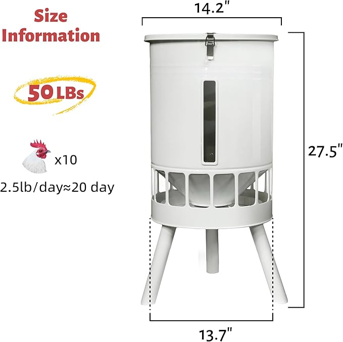 KOL Metal Chicken Feeder No Waste - 50lbs Poultry Feeder with 16 Ports, Powder Coated Rust-Proof Design & Smooth Edges for Safe Feeding (Jade White)