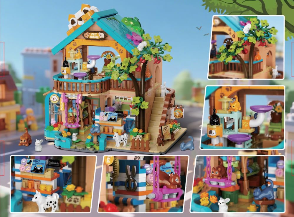 INSOON City Pet Shop Building Set with Lights, Cozy Pet House Construction Toy with Cats Dogs Rabbit, 1431 PCS Cute Animal Store Miniature Model Building Block Kit for Adults Kids Boys Girls Ages 12+