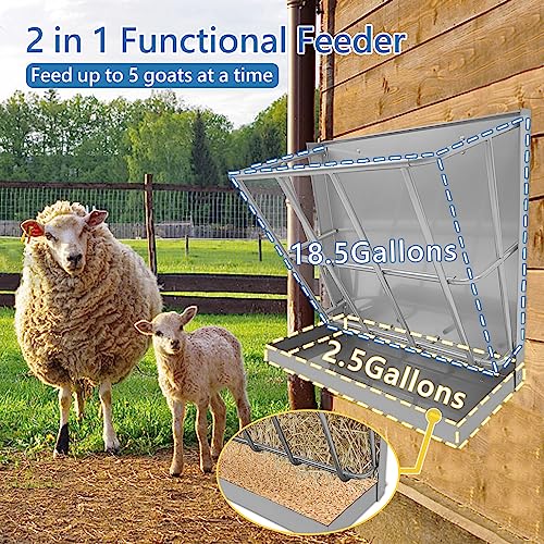 BUYYAH Hay Feeder Goat, 21 Gallon Multiple Sided Goat Hay Rack, Heavy Duty Iron 2 in 1 Hay Rack for Sheep, Horses, with Detachable Grain Tray, Effortless Installation in Farm, Yield