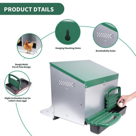 Chicken Nesting Box, 2 Holes Nesting Boxes, Heavy Duty Metal Laying Boxes, Roll Away Nesting Box Egg Collection Tray, with Roosting Pole for Chicken Coop(Green)