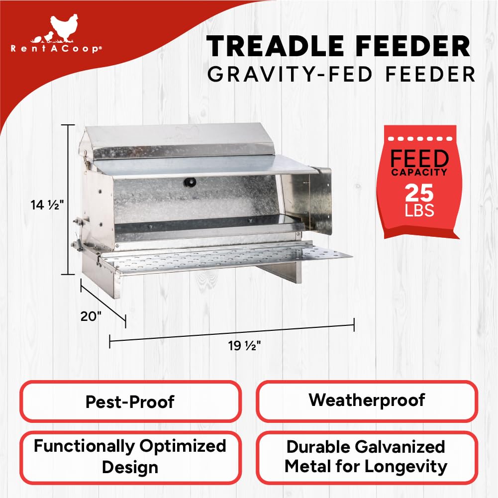 RentACoop Automatic Metal Treadle Feeder - Outdoor Use, Rainproof - Suitable for Chicken, Bantams, Poultry, Pheasants, etc. - 25lb Capacity