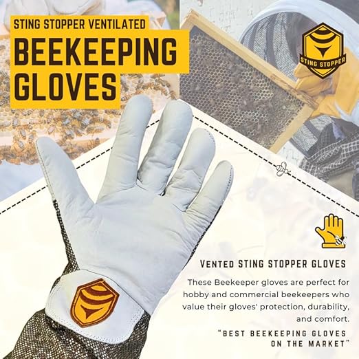 Sting Stopper Beekeeping Gloves, Ventilated Goat Skin Bee Gloves for Beekeepers, Sting Proof Bee Keeping Gear, Short Cuff Easy Fit, Protective Gloves for Apiary Work | Beekeeper White, X-Small
