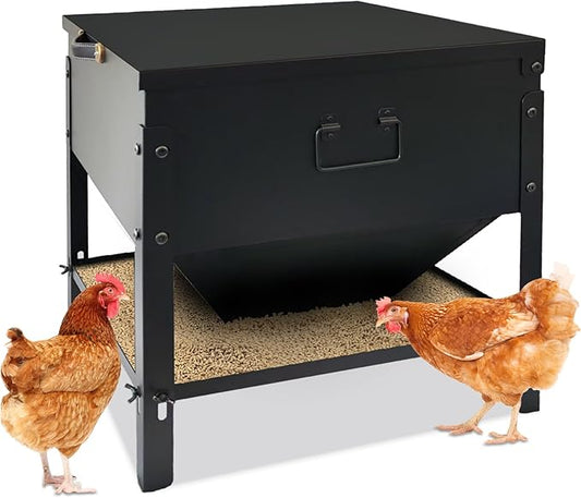 Metal Chicken Feeder No Waste, 60LBS Large Capacity Poultry Feeder, Adjustable Galvanized Steel Chicken Coop Feeder with Lid and Handle