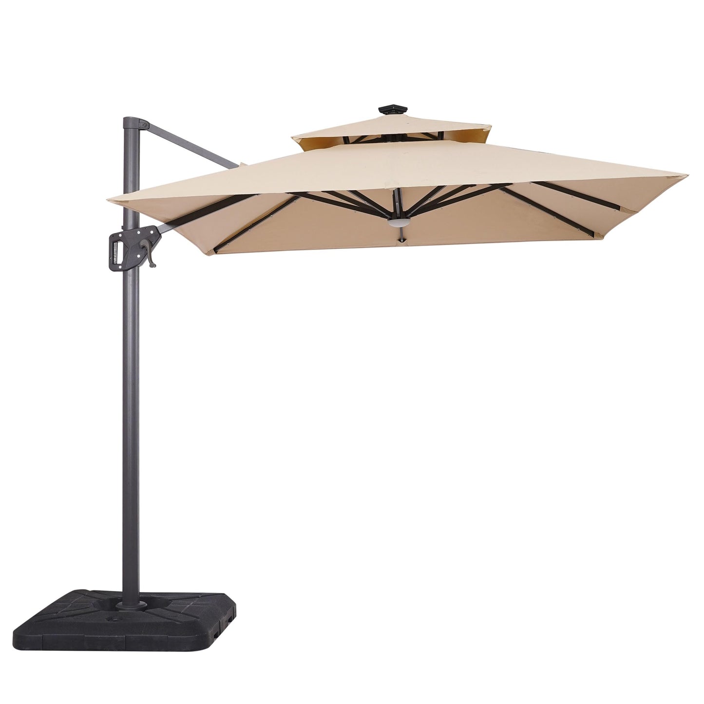 Greemotion Rumis 8-foot Cantilever UV-resistant Shade Rotation Tilt Umbrella with Heavy Base and Built-in Solar Panel LED Light for Outdoor, Porch, Pool, Deck, Beige