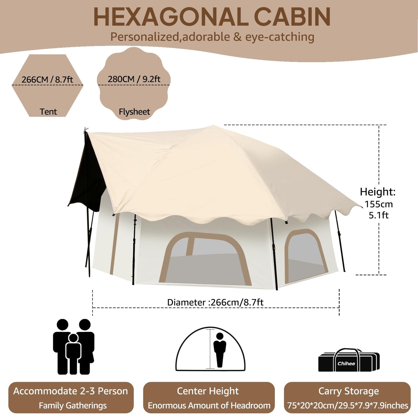 Chihee Camping Tents Pop-Up Stand-up Tent, Family Cabin Tent with Awning Porch 3-Person Outdoor Shelter with Screen Room Large Capacity, Waterproof and Windproof, Easy Setup,Traveling Hiking Picnic