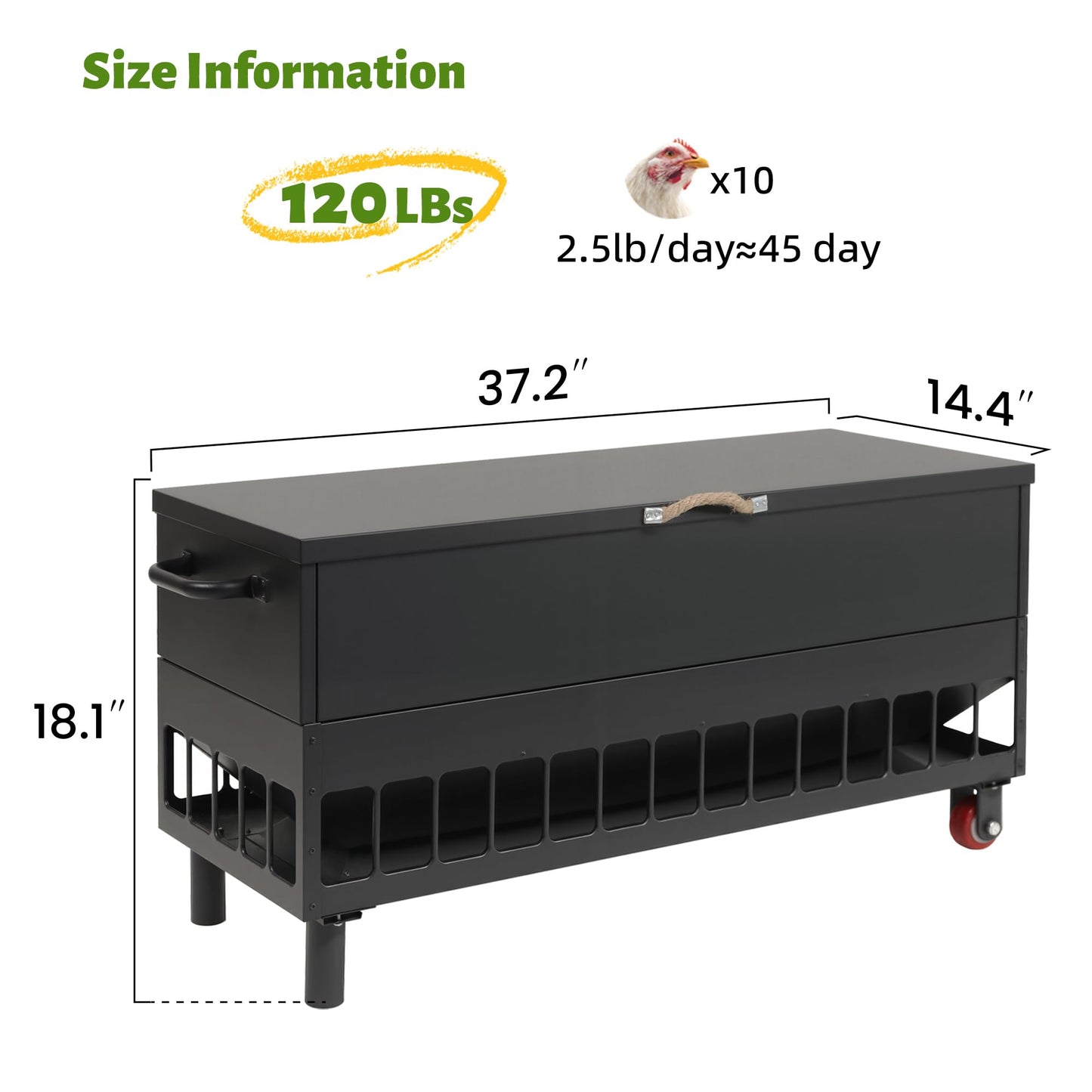 KOL 120 LB Large Chicken Feeder No-Waste, Spill Proof Portable Gravity Chicken Feeder Automatic, Dispenser, 38 Feeding Ports, No Waste Poultry Feeder for Hen Coop