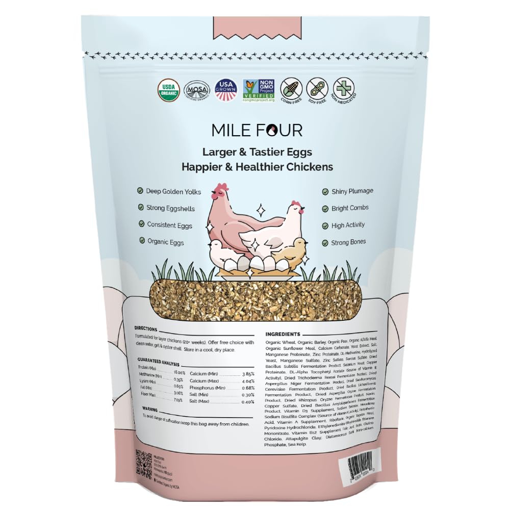 Mile Four Organic Chicken Feed – Layer Mash, Non-GMO, USA Grown, 16% Protein, Corn-Free, Soy-Free, Non-Medicated Feed for Chickens, 2 lbs Sample