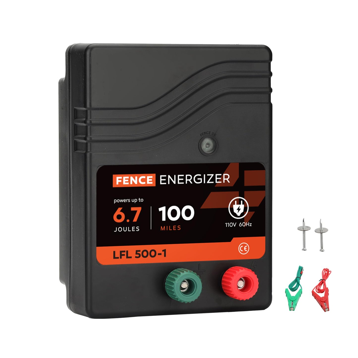 Electric Fence Charger AC Powered 100 Miles 300 Acres, 110 Volt 6.7 Joule Plug-in Electric Fence Energizer, Output Voltage Max 10.2 kV for Livestock, Preventing Predators from Intruding