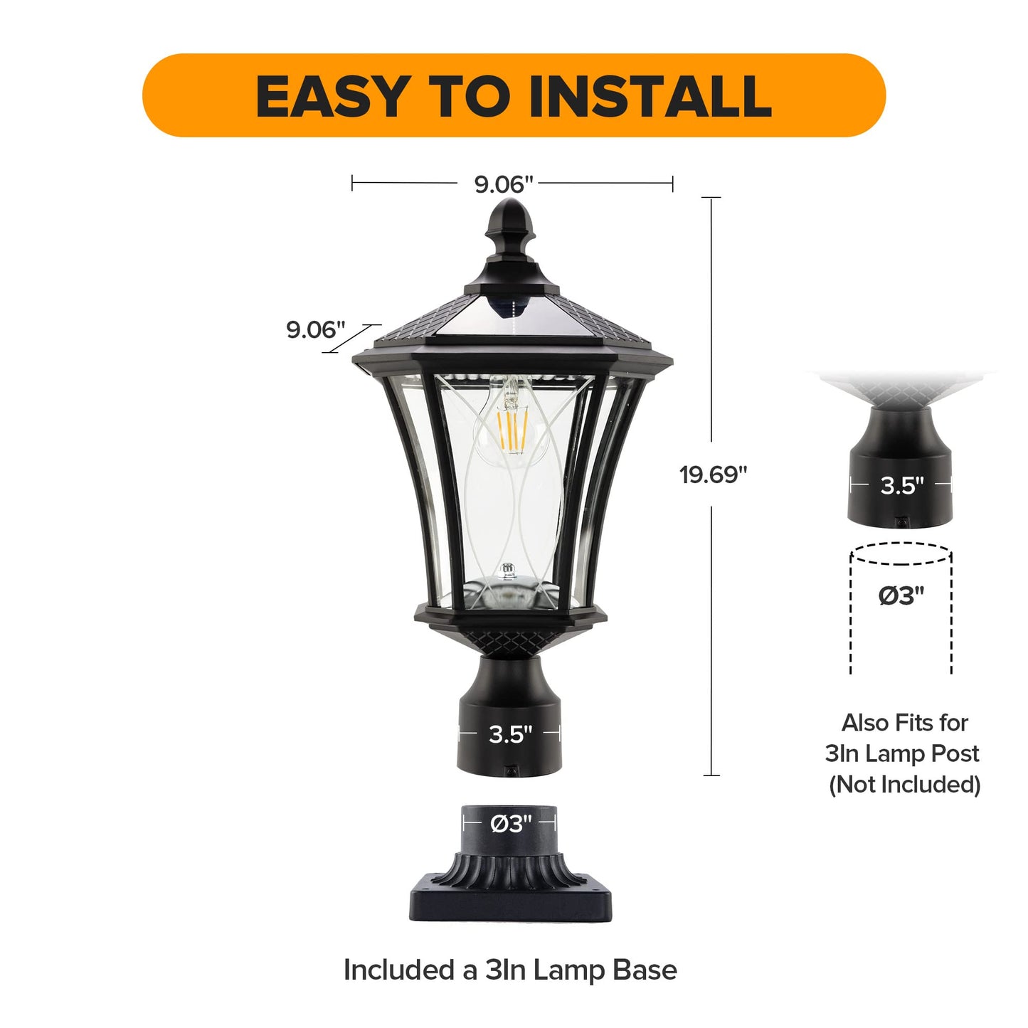 LUTEC Outdoor Solar Lamp Post Light with Pier Mount Base, Dusk to Dawn Waterproof Pole Light Head, Exterior Black Solar Powered Fence Post Light Fixtures for Outside