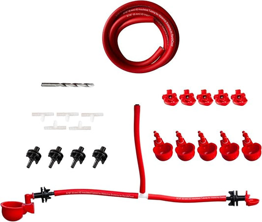 RentACoop DIY Sip Station Watering System –Includes Tubing, Horizontal Nipples, Auto-Fill Cups, Tubing Adaptors, T-Connectors, and 11mm Drill Bit – Great for Poultry (DIY Starter Kit for Poultry)