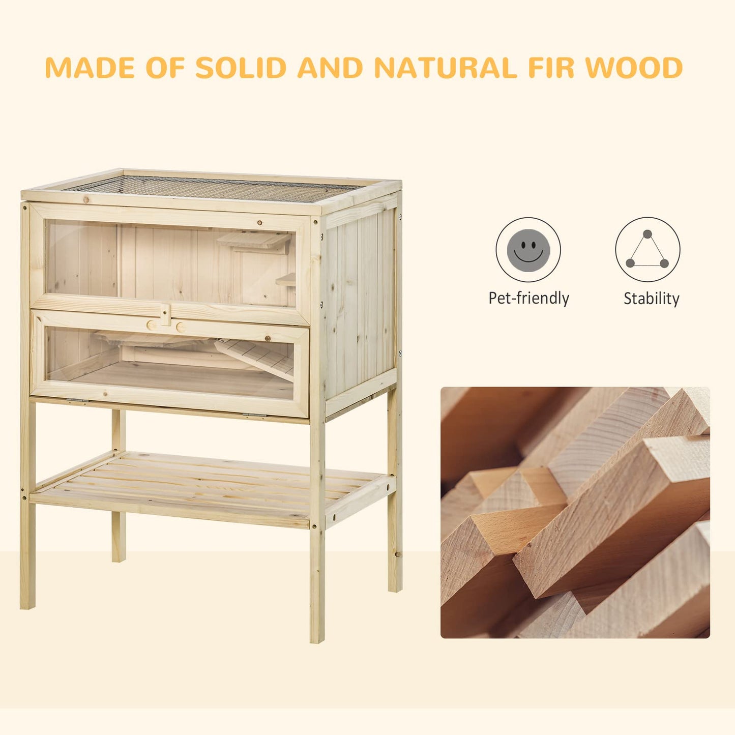 PawHut 3-Tier Wooden Hamster Cage Mice and Rat Cage Small Animals Hutch with Openable Top, Front Door, Storage Shelf, Natural Wood
