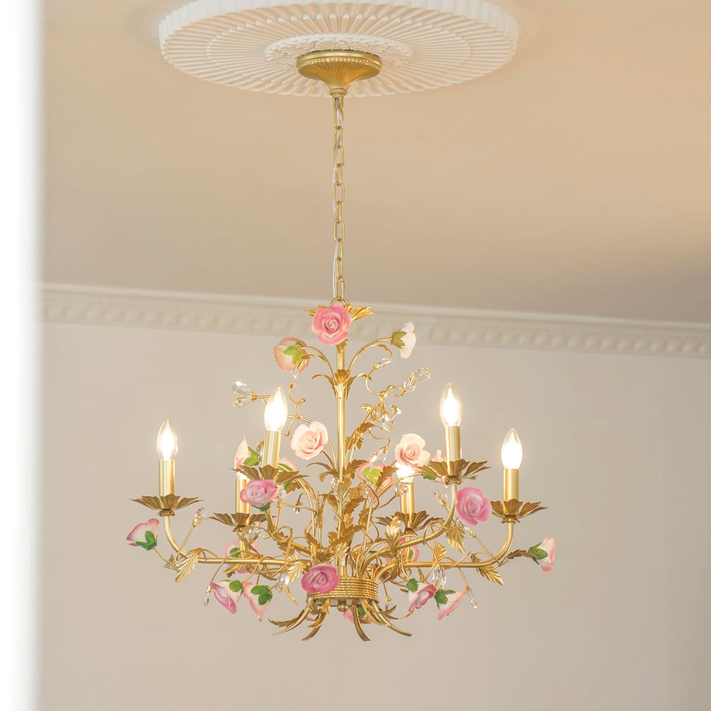 Farmhouse Dining Room Over Table Chandelier, Hanging Light Fixture Pink Bedroom, Art Deco Unique Rustic Tree Lamps Leaves Lighting Fixtures, Foyer Living Room Kitchen Ceiling Crystal Pendant Lights