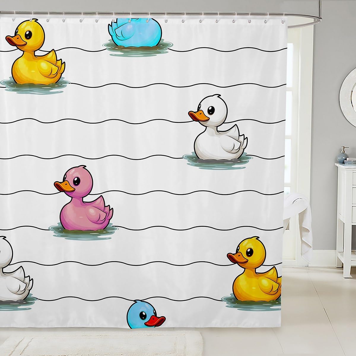 Erosebridal Cute Hand Drawn Duck Wave Lines Bath Curtain, Colorful Farmhouse Animal Waterproof Shower Curtain 72x72 for Kids Boys Girls