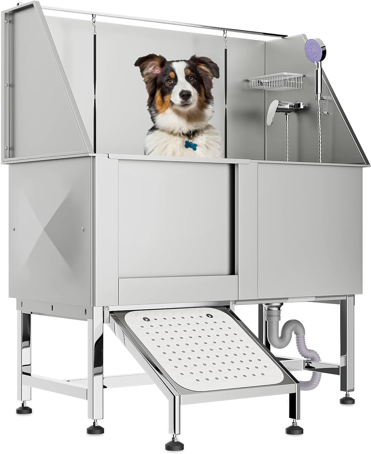 50" Stainless Steel Dog Grooming Tub, Large Dog Bathing Station with Non-Slip Retractable Ramp & Right Door, Heavy Duty Pet Washing Sink w/Non-Slip Floor Grate, Bath Brush, Washing Gloves