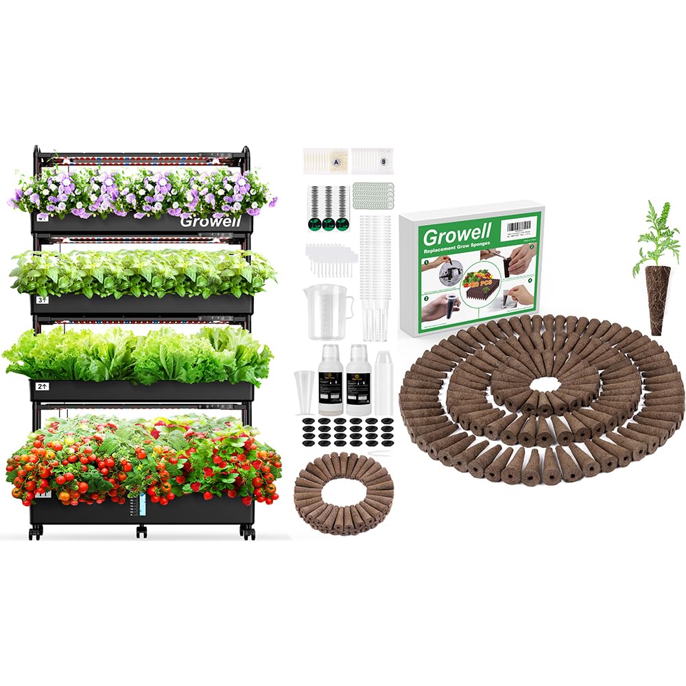 Growell 120 Pods Large Hydroponics Growing System Kit & 120 Pack Grow Sponges