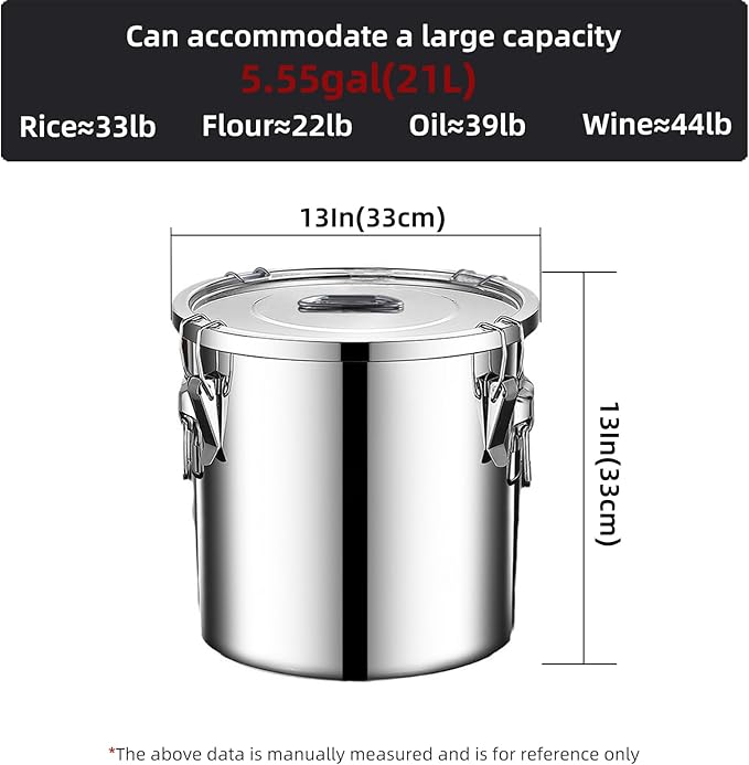 304 stainless steel food storage containers with lids lock clips airtight container large airtight for rice flour sugar grain coffee bean storage containers Kitchen jar (5.55gal/21L)