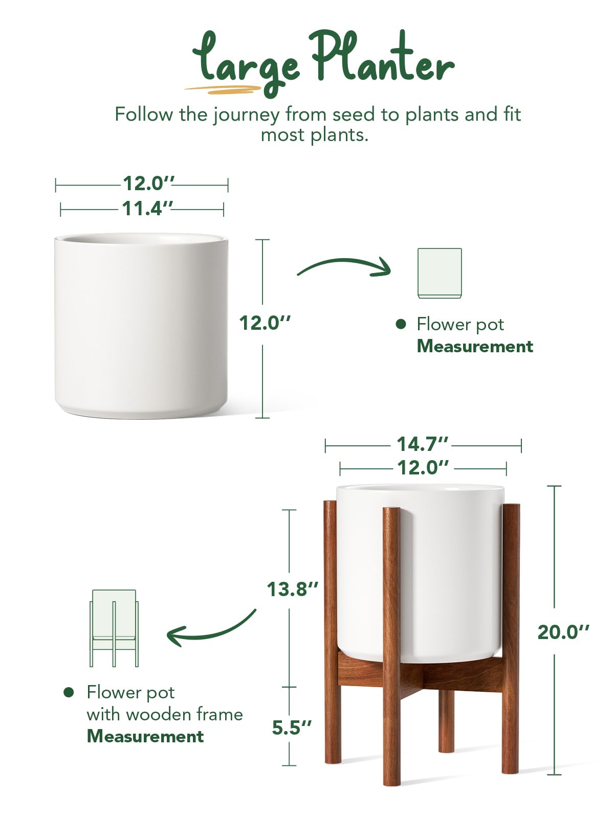 LE TAUCI 12 Inch Planter with Acacia Wood Stand, Large Ceramic Indoor Plant Pot with Drainage Hole & Plug, Mid Century Modern Plant Holder for Fiddle Leaf Fig, Monstera, Snake Plant, White