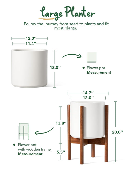 LE TAUCI 12 Inch Planter with Acacia Wood Stand, Large Ceramic Indoor Plant Pot with Drainage Hole & Plug, Mid Century Modern Plant Holder for Fiddle Leaf Fig, Monstera, Snake Plant, White