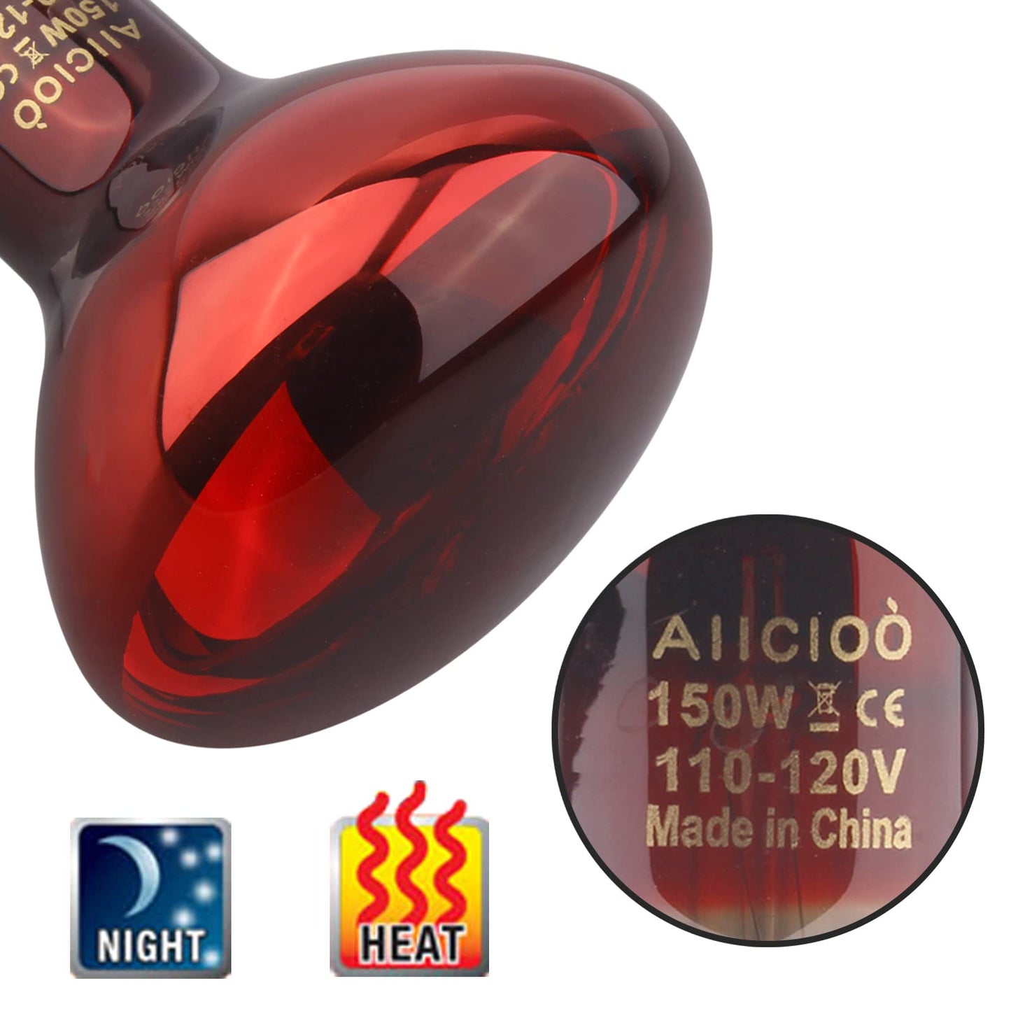 Aiicioo Reptile Red Night Light Bulb - 150W Reptile Heat Lamp Bulb Infrared Basking Spot Lamp for Bearded Dragon Lizard Turtle Hermit Crab Leopard Gecko Snake Chameleon Tank