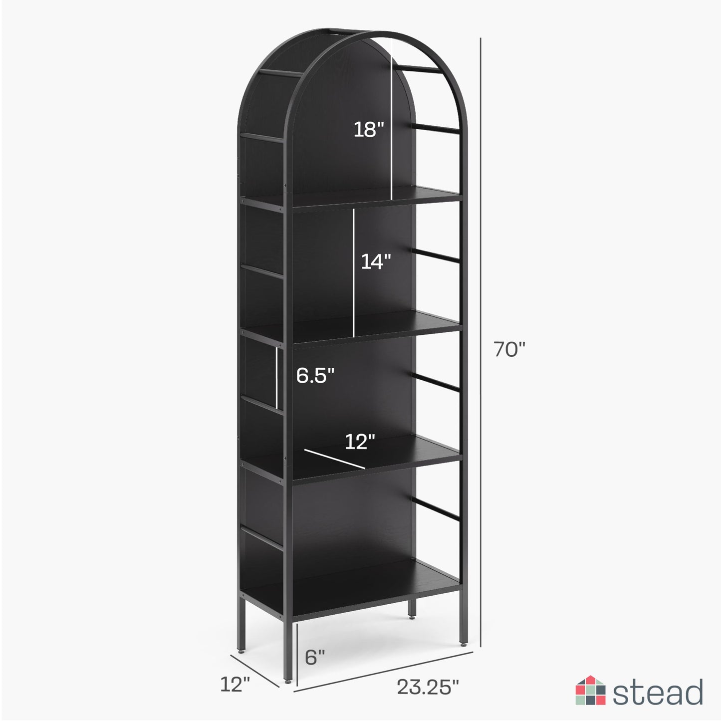 Stead 4-Tier Arched Wood Book Shelf - Black Metal Frame, Wood Panel Backing - Arched Bookcase with Backing, Narrow Black Bookshelf with Grain-Texture Laminate & 25 lb Shelf Capacity