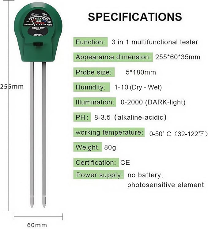 Soil Moisture Meter，3-in-1 Illumination Detection，pH Value，Humidity Multifunctional Soil ph Tester，Great for Garden, Lawn, Farm, Indoor & Outdoor Use，Soil Test kit，No Battery Required