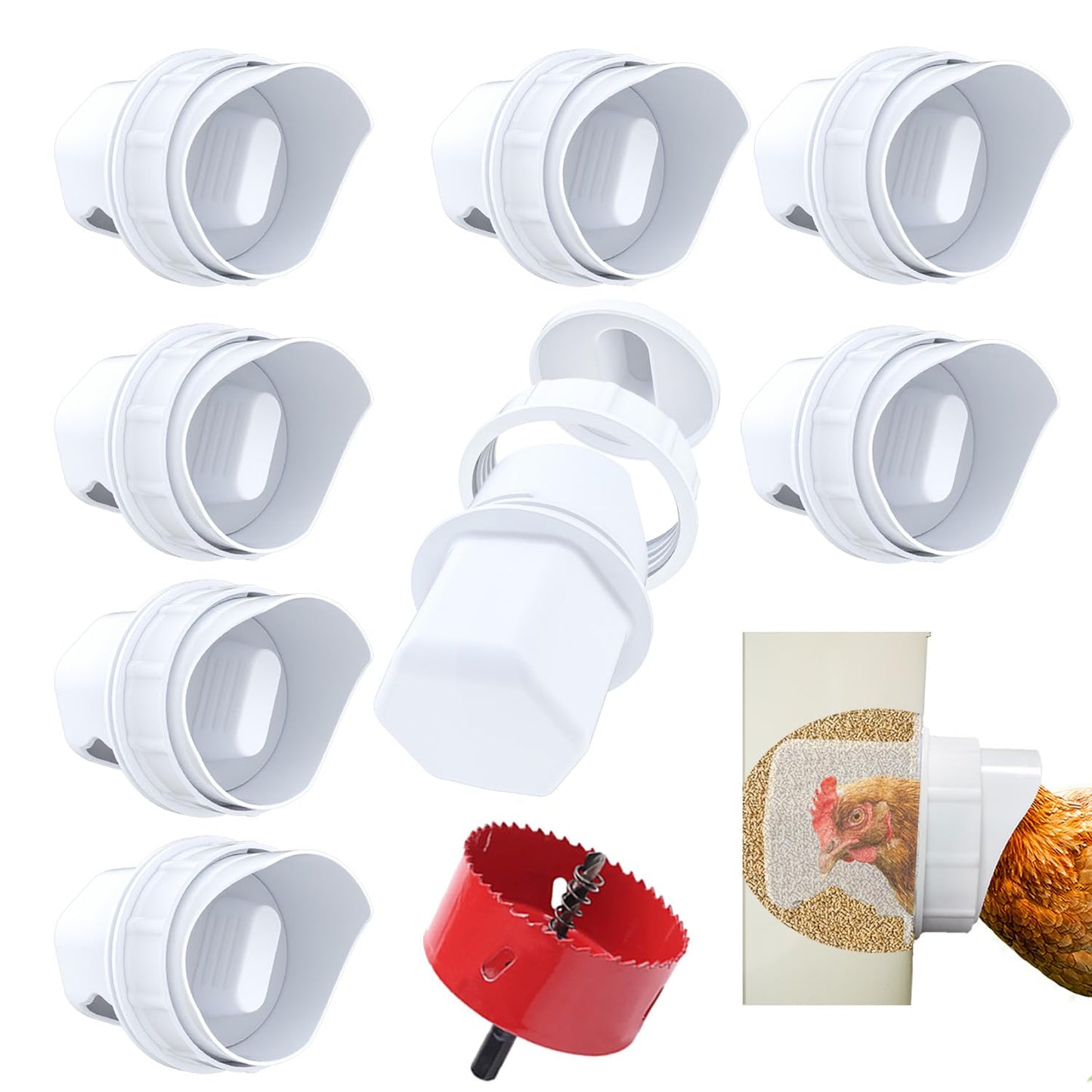 Chicken Feeder No Waste DIY Automatic Poultry Feeders 8 Ports with Covers Gravity Feed Kit for Buckets, Barrels, Bins, Troughs