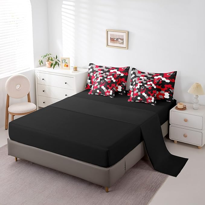 jejeloiu Red Honeycomb 7 Pieces Bedding Set King Size Modern Hexagon Theme Comforter Set with Sheets for Kids Boys Decor Camouflage Camo Geometric Abstract Bed in a Bag Soft Bedroom Decor