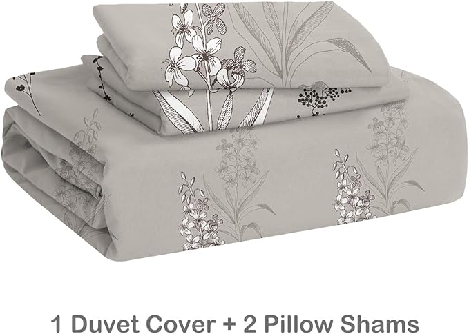 Vintage Grey Leaf Duvet Cover Farmhouse Decor Grey 3D Botanical Flower Print Bedding Set for Boys Girls with Zipper Closure and Corner Ties (Twin)