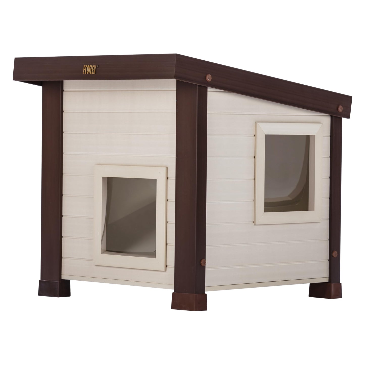 New Age Pet ECOFLEX Outdoor Cat House - Durable, Ventilated, Dual Entry, Easy Assembly, Elevated Floor, Heated Pad Compatible, 10-Year Warranty, for Multiple Cats, Maple/Brown