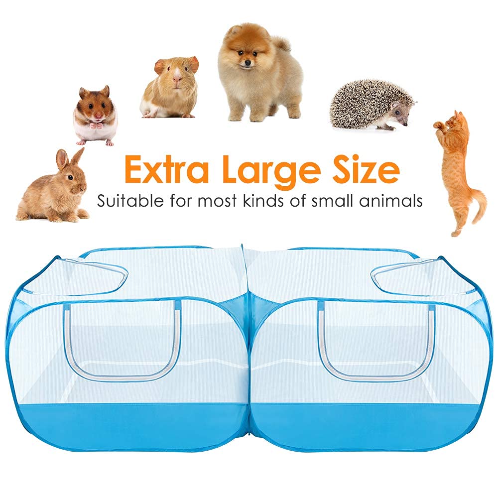 SlowTon Small Animals Playpen, Portable Large Chicken Run Coop with Detachable Bottom Breathable Transparent Mesh Walls, Foldable Pet Enclosure for Puppy Kitten Rabbits Indoor Outdoor(BL,Flat Top)