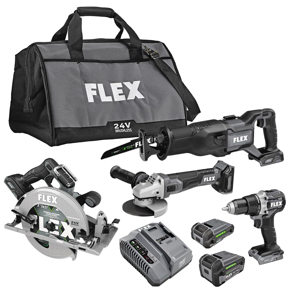FLEX 24V Brushless Cordless 4-Tool Combo Kit: Circular Saw, Reciprocating Saw, Fixed Speed Angle Grinder, Drill Driver with 2.5 Ah, 5.0Ah Lithium Batteries and 160W Charger - FXM402-2B