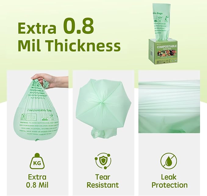 Compostable Trash Bags 3 Gallon, Extra Thick 0.8 Mils, 100 Count, ASTM D6400, BPI, OK Compost Home Certified, Small Kitchen Compost Bags,Green Bin Liners for Food Waste and Composting